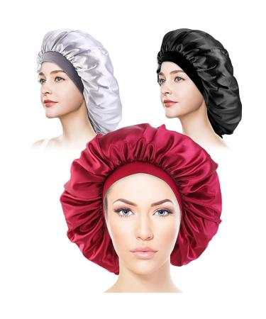 3 PCS Satin Silk Bonnet Sleep Cap Extra Large Jumbo Day and Night Cap Hat Salon Bonnet Head Hair Covers Chemo Caps with Elastic Wide Band for Black Women Long Curly Natural Hair Braids