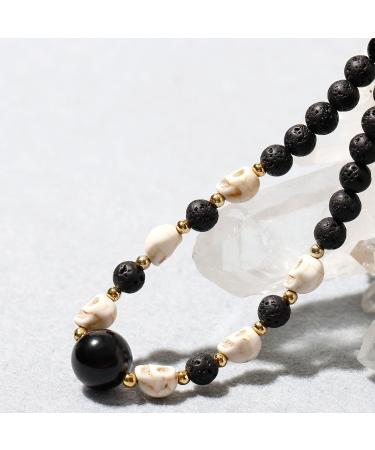 Obsidian & Lava Stone Beaded Necklace with Howlite Skull Charms - Essential Oil Diffuser Relaxation Jewelry for Women | Unique Gift Idea - Buy Online on GoSupps.com