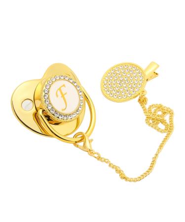 Baby pacifier curved design golden baby pacifier 26 letters glittering baby pacifier with clips for babies from 6 to 18 months (letter f)