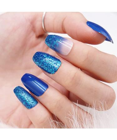 Luvadeyo 24 PCs Blue Gradient Coffin Press on Nails | Glitter Artificial False Nails for Women & Girls | Double-Sided Adhesive Tabs Included - Buy Online on GoSupps.com