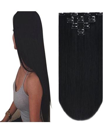 Black Hair Extension,Clip Hair Extensions 22" Straight Black Fake Hair Pieces 18" Wavy Women's Wig Fluffy&Not Tangled Synthetic Cheap Silver Dark Brown Blonde Grey White 4.8 oz SYXLCYGG 1 Count (Pack of 1) (7pcs-Straight)D