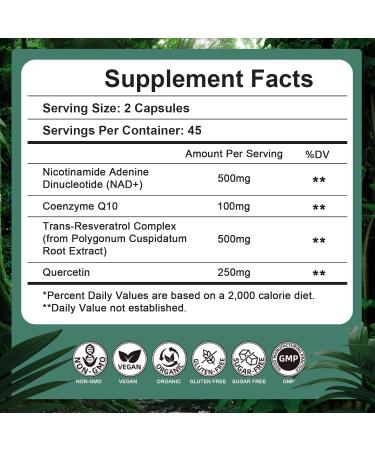 NAD Supplement 500mg Pure Organic NAD+ Supplement for Women & Men NAD+ with Trans-Resveratrol & CoQ10 & Quercetin for Cellular Energy & Healthy Aging NMN Alternative (90 Vegan Caps) - Buy Online on GoSupps.com