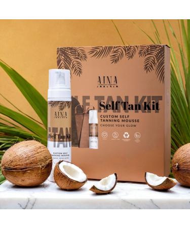 AINA Organic Vegan Dark Self-Tanner Mousse Kit | Oil-Free Sunless Tanning Mousse with Back Applicator & Mitt | Nourishing Self Tan for All Skin Types - 220ml - Buy Online on GoSupps.com