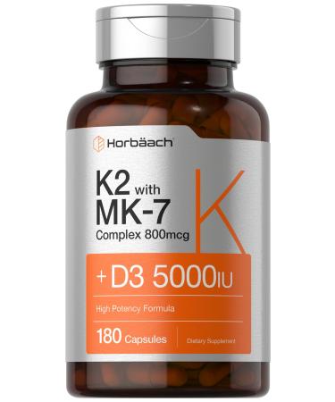 Vitamin D3 K2 | 5000iu of Vitamin D & 800mcg MK-7 Complex | 180 Capsules | Non-GMO & Gluten Free Supplement | by Horbaach