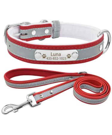 Senristar personalized reflective dog collar and leash set custom engraved warm food dog tape with name tape for small medium large dogs & cats m (width 2.0 cm neck circumference 28-36 cm) red set set
