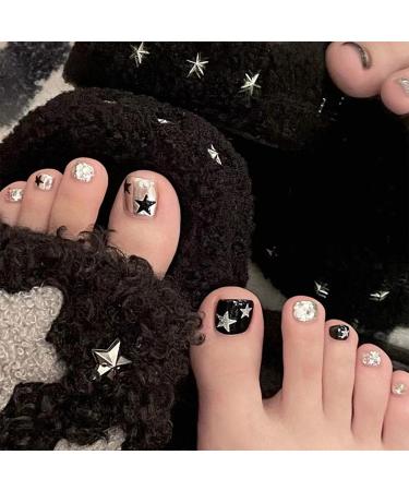 False Toe Nails - Square Short Acrylic Stick on Toes - 24Pcs Press on Nails for Feet Black Silver with Star Design - Fake Nails with Glue & Jelly Glue for Women and Girls Black with Star