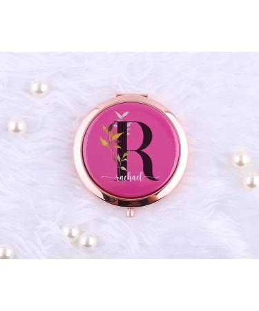 wadbeev Personalized Hot Pink Compact Mirror Your Name and Initial Maid of Honor Floral Letter Makeup Folding Mirror