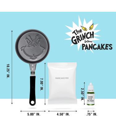 Dr. Seuss The Grinch Holiday round pancake pan with pancake mix and .03 oz  of Green Coloring Included in box