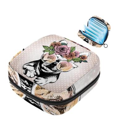 Storage bags for women's bandages hand-drawn pug with flowers on their heads portable menstrual sheet pocket panty lips tampons women's bandages storage holder for women school multicolored 04