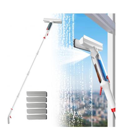 RRRYYYZZ 75'' Spray Window Cleaning Squeegee Kit with 4-Section Extension Pole 4 in 1 Window Squeegee Shower Squeegee with Sewage Collector and 5 Pads