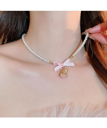 Oralgos Elegant Pearl Necklace with Bow | Adjustable Collarbone Chain for Weddings & Special Occasions - Silver - Buy Online on GoSupps.com