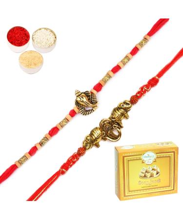 Ghasitaram Gifts Rakhi for Brother Rakhis Online - Set of 2 LD-9923 and LD-84 Om Ganesh Divine Rakhis with 400 GMS of Soan Papdi