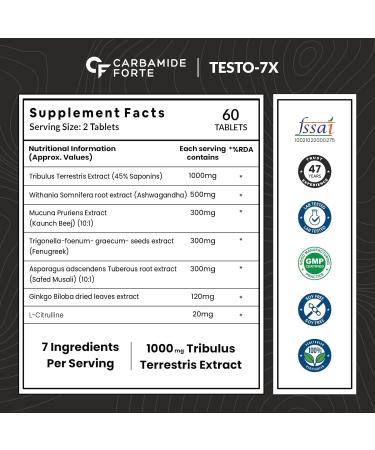 Carba.mide F.o.rte Testosterone Supplement for Men with Tribulus 1000mg Ashwagandha L-Citrulline & Kaunch Beej 60 Veg Tablets (Pack of 2) - Buy Online on GoSupps.com