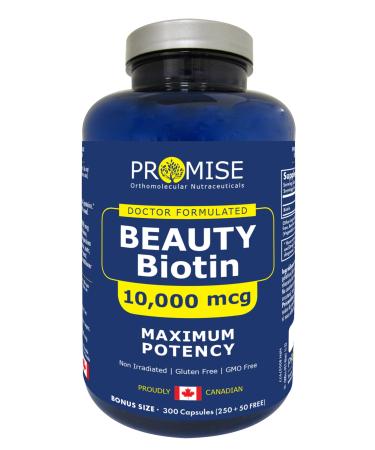 Promise Beauty Biotin High Potency Capsules 300 Capsules 10 000 mcg - Vitamin B7 for Rapid Hair Growth Support and Healthy Metabolism- Soft Skin and Strong Nails- Made In Canada 1 count (Pack of 300)