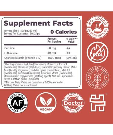 MedHugs NutriHugs Energy Oral Thin Film Strips Caffeine 50mg L-Theanine 30mg & B12 1500mcg | Fast-Acting Focus & Alertness | Vegan Sugar-Free Non-GMO | Doctor-Formulated | 30 Strips - Buy Online on GoSupps.com