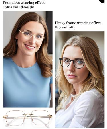 LUFF Rimless Reading Glasses for Women - Blue Light Blocking Fashion Metal Frameless Eyeglasses Anti Eyestrain 2.0x Gold - Shop Internationally! - Buy Online on GoSupps.com
