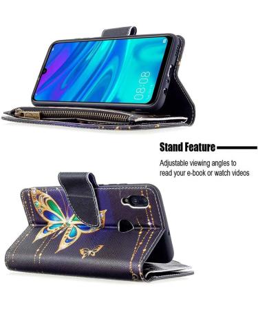 Miago 9 Card Slots Leather Wallet Case for Huawei Y6 2019 - Colorful Zip Flip & Diamond Butterfly Design - Buy Online on GoSupps.com