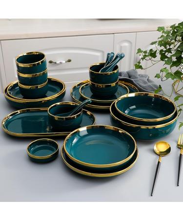 21 piece peacock green tableware set plates plates ceramic bowls plates gold border decorations - Buy Online on GoSupps.com