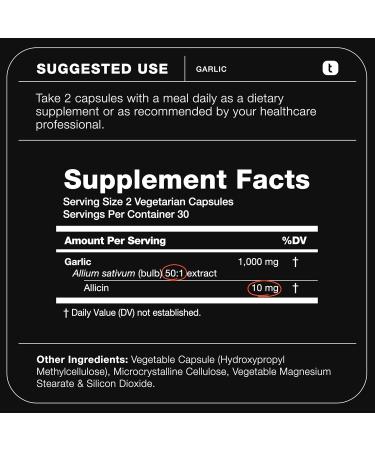 Garlic Capsules with 10,000mcg Allicin - Odorless - 50:1 Extract for Maximum Potency - Third-Party Lab Tested - 60 Vegetarian Capsules 60 Count (Pack of 1) - Buy Online on GoSupps.com