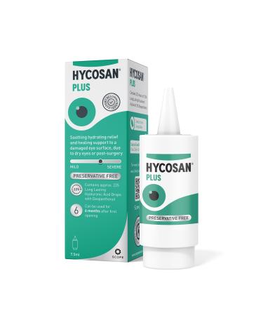 Hycosan Plus - Preservative Free Eyedrops - 0.1% Sodium Hyaluronate and 2% Dexpanthenol to Aid in The Natural Healing of a Damaged Eye Surface Due to Surgery Injury or Dry Eyes - 7.5ml