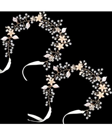 2 Pieces Girl Princess Wedding Headband Gold Flower Girl Headbands Elegant Girl Headbands Rhinestone Pearls Headpieces with Ribbons Hair Accessories for Toddler Teenager Girl Wedding Birthday Party