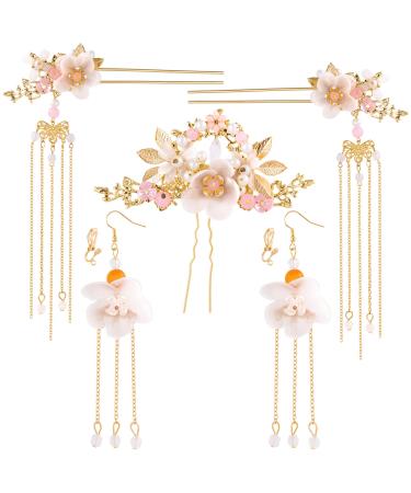 HINZIC 5Pcs Chinese Hair Stick Flowers Pearl Hair Pins Set Classical Tassel Hair Clips for Women HanFu Lover Gift Wedding