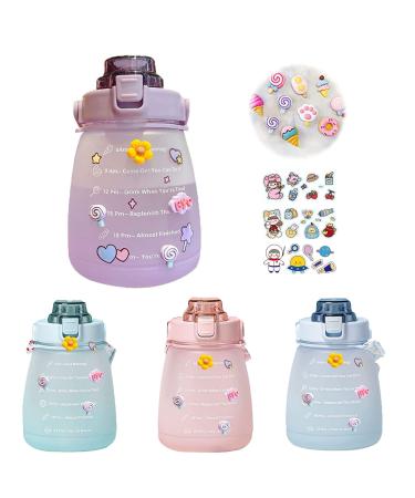 BOQQ Glitz Big Belly Bottle 1.4l  Big Belly Water Bottle  Water Bottles with Times to Drink  with Straw  Shoulder Strap and 3d Stickers (Purple)