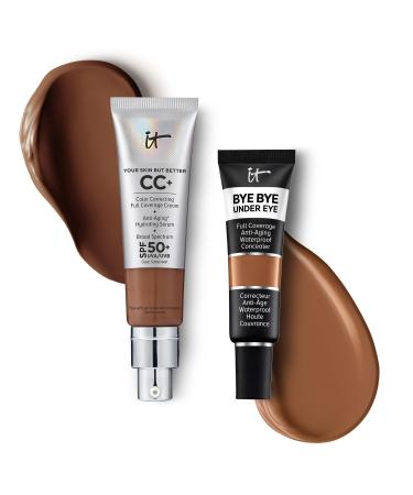 IT Cosmetics CC+ Cream with SPF 50+ Natural Finish Full Coverage Foundation (Deep Honey - 1.08 fl oz) & Bye Bye Undereye Concealer Anti-Aging Makeup (43.0 Deep Honey - 0.4 fl oz)