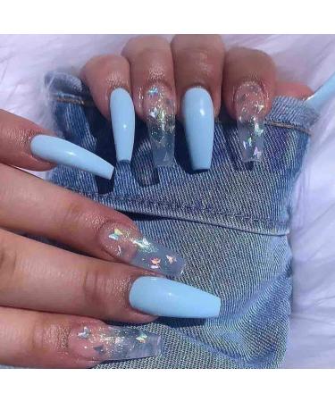 Outyua Butterfly Fake Nails Coffin Glossy Extra Long Press On Nails Ballerina Designer Blue False Nails Full Cover Nails with Design for Women and Girls 24pcs (Blue)