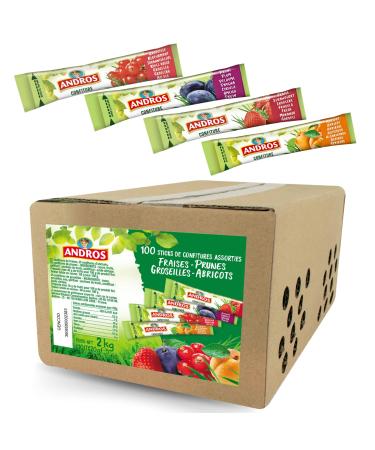 ANDROS | 100 sticks individuels de confiture 20g | 4 parfums pour varier les plaisirs : fraise prune groseille abricot