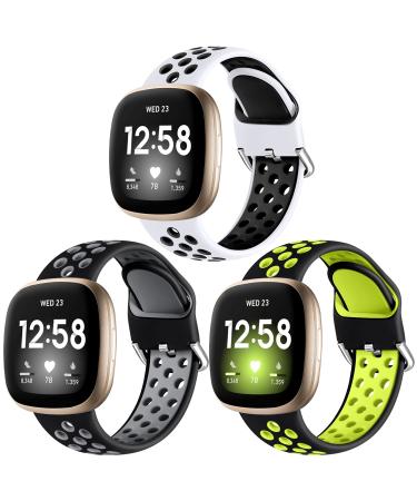 Getino Compatible with Fitbit Sense Bands Fitbit Versa 3 Bands for Women Men, Durable Flexible Replacement Sport Silicone Wristbands Band with Air Holes, Large Blackgray/ Whiteblack/ Blacklime