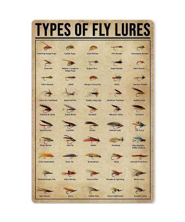 JIUFOTK Types Of Fly Lures Posters Metal Signs Fishing Knowledge Popular Science Guide Room Club Farm Wall Decor 8x12 Inches 8*12 Incn Types Of Fly Lures