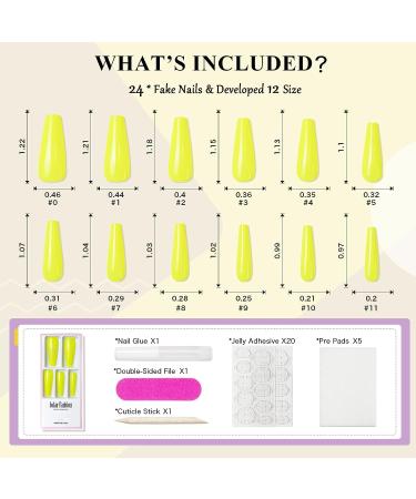 Jofay Fashion Fluorescent Yellow Long Coffin Press on Nails - 24pcs | Reusable Glossy False Nails with Glue for Women and Girls - Buy Online on GoSupps.com