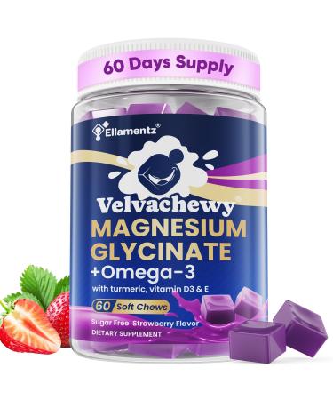 Magnesium Glycinate Gummies 500mg + Omega-3 1000mg | Magnesium Glycinate Soft Chews for Adults | Omega-3, Turmeric, Vitamin D3 & E | for Sleep, Muscle & Brain | Vegan, 60 Counts