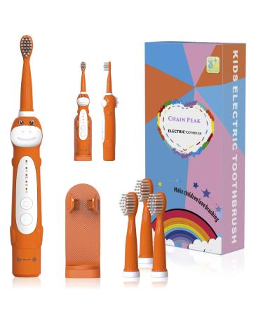 Dinosaur Electric Toothbrush Kids Sonic Toothbrush for Children Toddlers Boys Girls Age 3-12 with 30s Reminder 2 Mins Timer 5 Modes 4 Brush Heads Rechargeable Wall-Mounted Holder 8680 Orange+ 4 Heads+ Holder