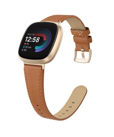EDIMENS Leather Bands Compatible for Fitbit Versa 3 / Fitbit Sense for Women Men, Genuine Leather Bands Replacement Wristbands Straps Compatible with Versa 3 / Sense LightBrown Small 5.7"-7.8"