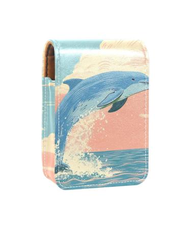 Lipstick Case Leather Lip Gloss Lipstick Organizer with Mirror Mini Lipstick Holder Bag Cartoon Dolphin U991r6qvzs