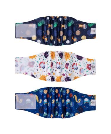 Cutebone male washable dog diapers belly bands 3 pieces of reusable dog abdominal tape for male high-suction dog wraps with flexible Velcro dm37xs-de Krocodil & dinosaur & rocket XS (23-28cm)
