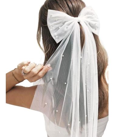 Bridal Hair Bow Veil with Pearl White Hair Bow Clip Bachelorette Party Accessories Tulle Wedding Veil Bridal Hair Accessories for Hen Night Party Bridal Shower
