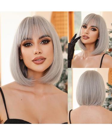 OUFEI Platinum Blonde Bob Wig With Bangs Short Straight Wig For Women Synthetic Hair Wigs for Daily Party Cosplay Wear Platinum Blonde(1117-1)