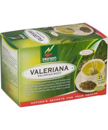 Hanan Valerian Root Tea (Valeriana) - 25 Tea Bags of Valerian Root Herbal Tea from Peru  Natures Calming Supplement for Relaxation before Bed  1000mg Valeerian Valerain per Filtered Teabag 25 Count (Pack of 1)
