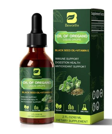 B BEWOTHS Organic Oregano Oil Drops | Oil of Oregano with Black Seed Oil Vitamin E 80% Carvacrol Oregano Drops for Immune Antioxidant Gut Detox Cleanser Support - Non-GMO Vegan (240-day Supply) Original 2 Fl Oz (Pack o