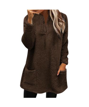 AMhomely Ladies Womens Soft Teddy Fleece Hooded Jumper Plus Size Double Fleece Casual Hoodies With Pocket V Neck Soft Fleece Hooded Sweatshirts Plain Pullover Tops Winter Lightweight Lounge Tops 02 Coffee L