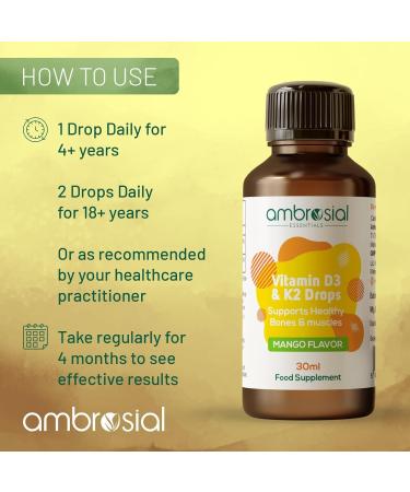 AMBROSIAL Vitamin D3 K2 Drops - for Adults and Kids (Pack of 1-30ml) 1.05 Fl Oz (Pack of 1) - Buy Online on GoSupps.com