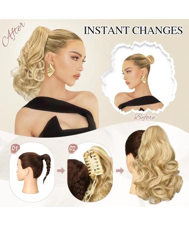 Sofeiyan Ponytail Extension 28cm | Clip In Short Curly Synthetic Hair Extensions for Women - Light Ash Brown & Bleaching Blonde - Buy Online on GoSupps.com