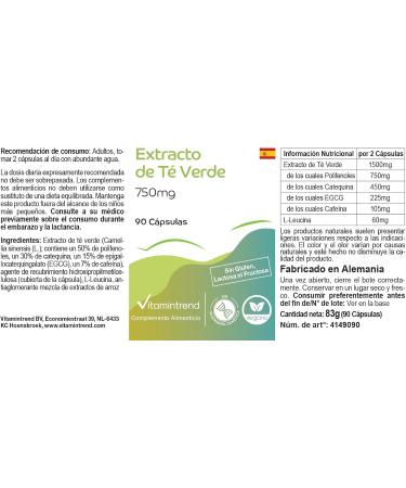 Extrait de th vert 750mg - 1500mg par dose journali re dont 225mg EGCG - 90 g lules- hautement dos - dosage s r - vegan - suppl ments d'Allemagne | Vitamintrend - Buy Online on GoSupps.com