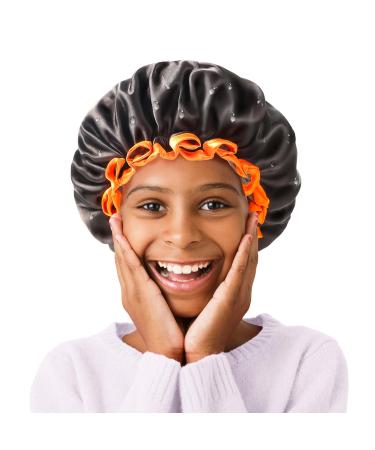 mikimini Small Black Shower Caps for Kids Double Layers Waterproof Bathing Hair Cap with Reusable Soft Comfortable PEVA Lining Cute Non-fading & Stretchy Shower Hat Small Pack of 1 Black + Orange Small (Pack of 1) Black+Orange