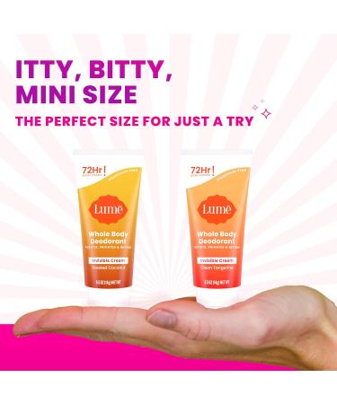 Lume Whole Body Deodorant - Mini Travel Size Invisible Cream Tube - Trial Size - 72 Hour Odor Control - Doctor Developed - Aluminum & Baking Soda Free - .5oz (2 Pk) (Toasted Coconut & Clean Tangerine) - Buy Online on GoSupps.com