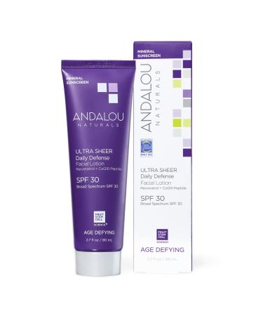 Andalou Naturals Age Defying Face Sunscreen SPF 30 Zinc Oxide Mineral Sunscreen Ultra Sheer Daily Defense Face Lotion Helps Hydrate Skin Gentle & Lightweight - 2.7 Fl. Oz. SPF30