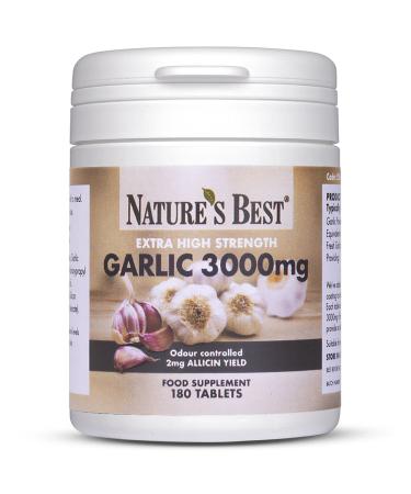 Garlic Tablets 3000mg - High Strength & Rich in Allicin 180 Tablets 6 month's Supply - Taste & Odour Controlled - UK Made Equivalent to 3000mg of Fresh Garlic